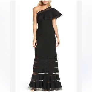 TADASHI SHOJI M Black Dress One Shoulder Pintuck Jersey Ruffle Mermaid Gown